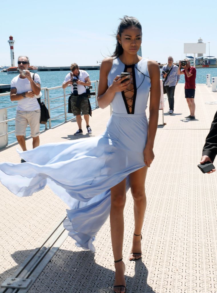 Chanel Iman and the wind had a moment together in Cannes as she stepped off a yacht.