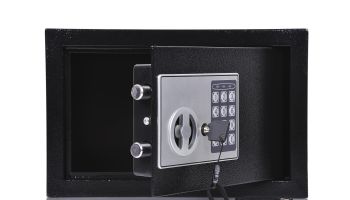 opened black safe on a white background