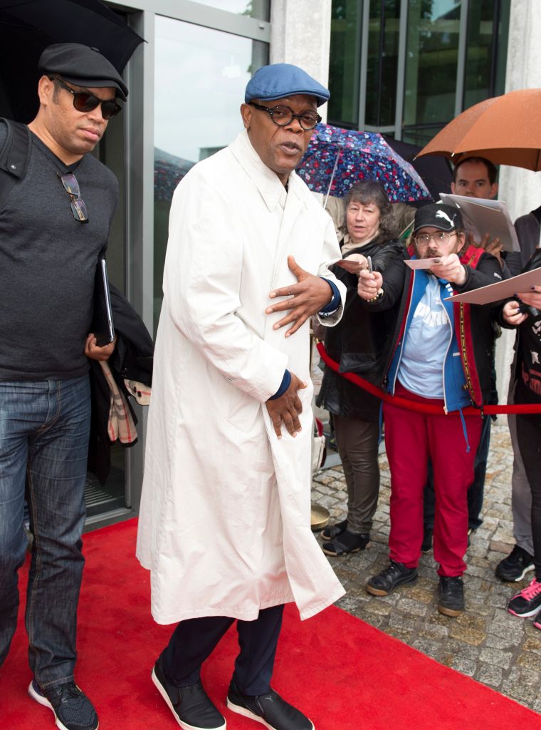 Samuel L. Jackson held his coat closed as he left a TV station in Germany to promote his new movie "Big Game."