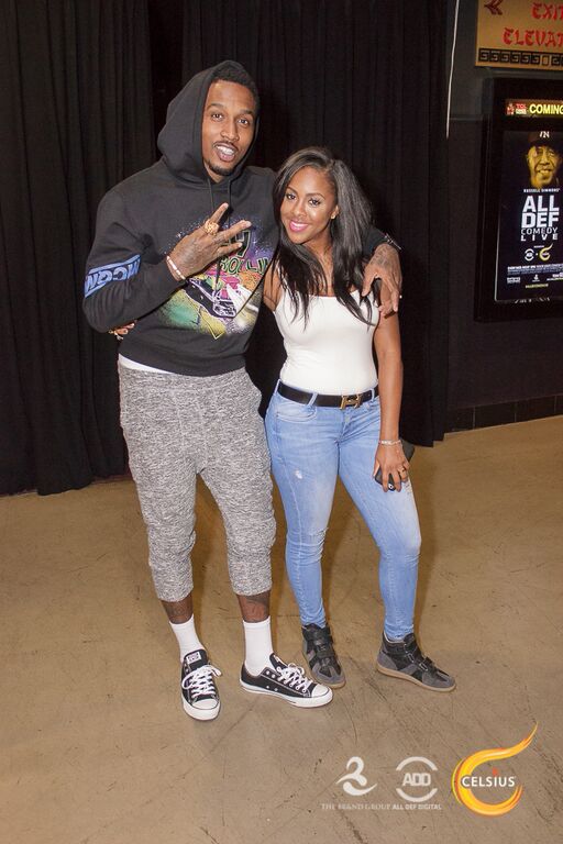 Brandon Jennings throws up the peace sign with Miss Diddy at the All Def Comedy Live event presented by Celsius.