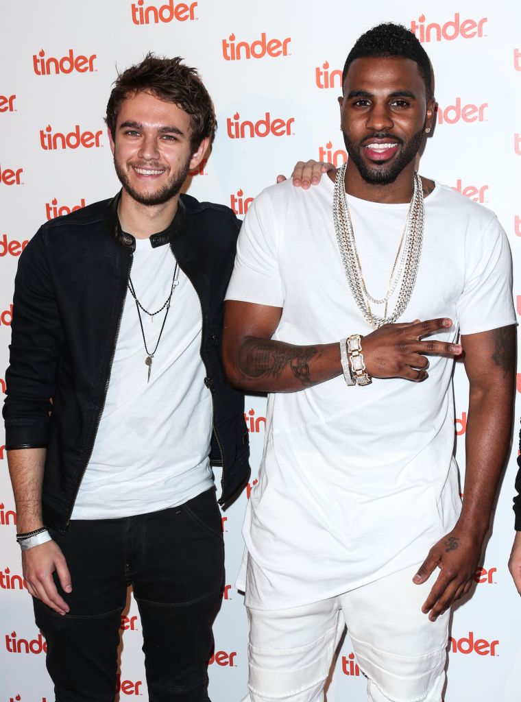 Zedd and Jason Derulo snag a flick together at their Tinder Plus launch party.