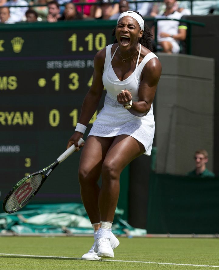 Serena let our a lionhearted roar during day one of the Wimbledon Lawn Tennis Championships at the All England Lawn Tennis and Croquet Club.