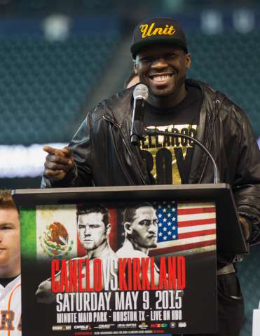50 Cent- SMS Productions at Fight Announcement People:Curtis Jackson By:Bob Levey Getty Images Sport 465175236 Curtis '50 Cent' Jackson Chairman and CEO of SMS Promotions talks to the media during a press co