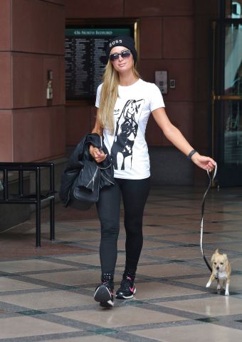 Paris Hilton wears a t-shirt with her own image on it in Beverly Hills, California