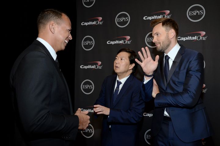 MLB player Alex Rodriguez, actor Ken Jeong, and host Joel McHale shared some jokes backstage at the 2015 ESPYs at Microsoft Theater in Los Angeles, California.