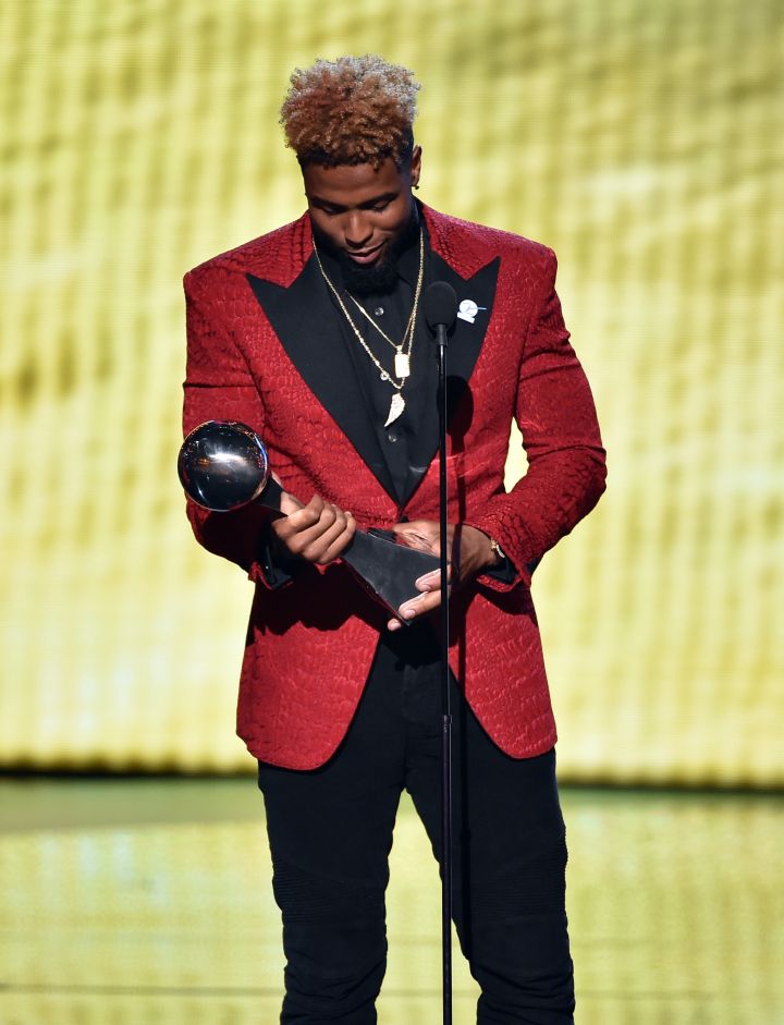 OBJ, aka Odell Beckham Jr., couldn’t believe he caught the trophy for Best Play of the Year at the 2015 ESPYS at Microsoft Theater.