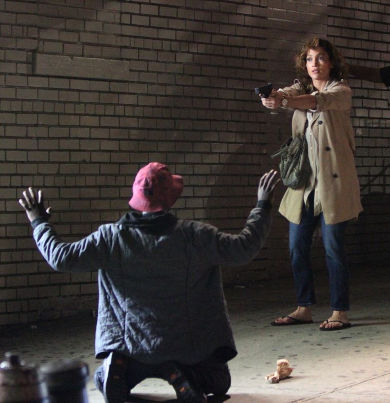 Jennifer Lopez was seen busting a bad guy while on set of “Shades of Blue” in NYC