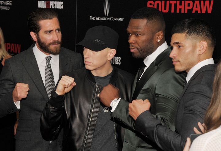 Eminem, Miguel Gomez, Jake Gyllenhaal, and 50 Cent were pumped up at the “Southpaw” New York Premiere.