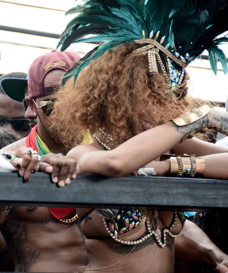 Rihanna and Lewis Hamilton are pictured partying during Barbados' Kadooment Day Parade
