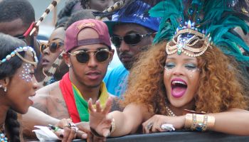 Rihanna and Lewis Hamilton are pictured partying during Barbados' Kadooment Day Parade