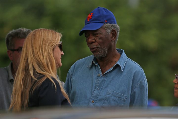 Morgan Freeman rocked a Mets hat on the New York set of “Going in Style,” directed by Zach Braff.