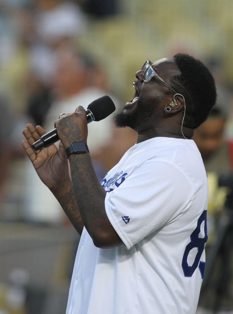 T-Pain sang the hell out of the National Anthem before the Dodgers game against the San Francisco Giants at Dodger Stadium in Los Angeles.