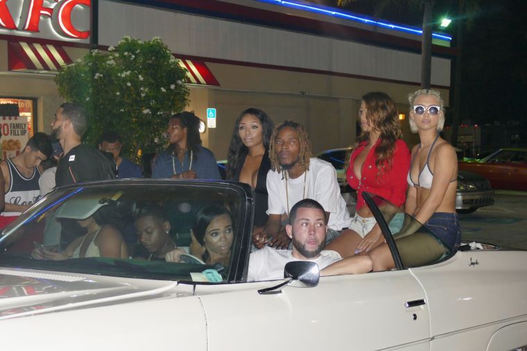 Fetty Wap posted up with some fine ladies on the set of a new video with Chris Brown and DJ Khaled.