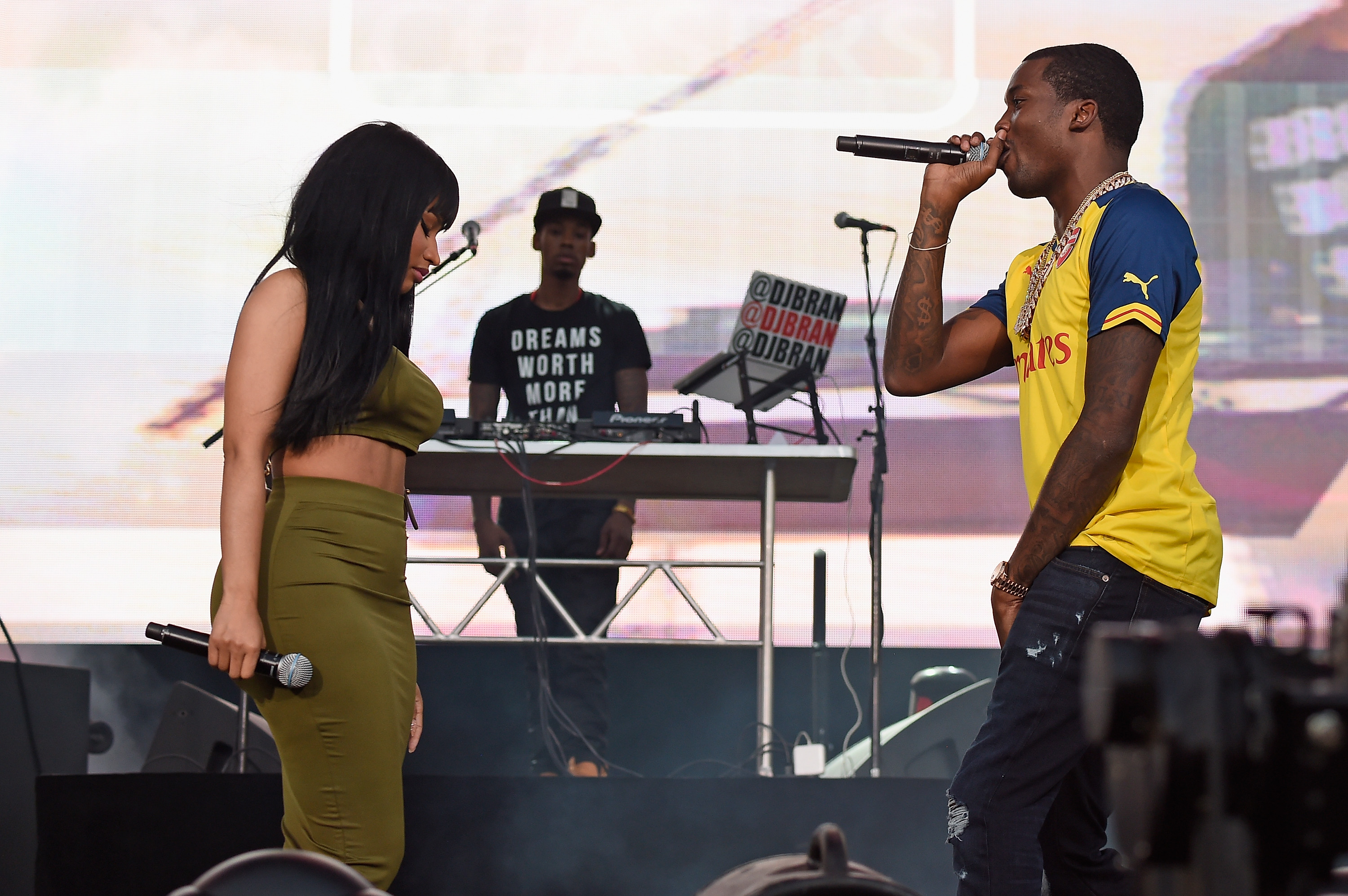 Nicki Minaj (L) performs onstage with Meek Mill (R) at the 2015 Budweiser Made in America Festival at Benjamin Franklin Parkway on September 5, 2015 in Philadelphia, Pennsylvania.