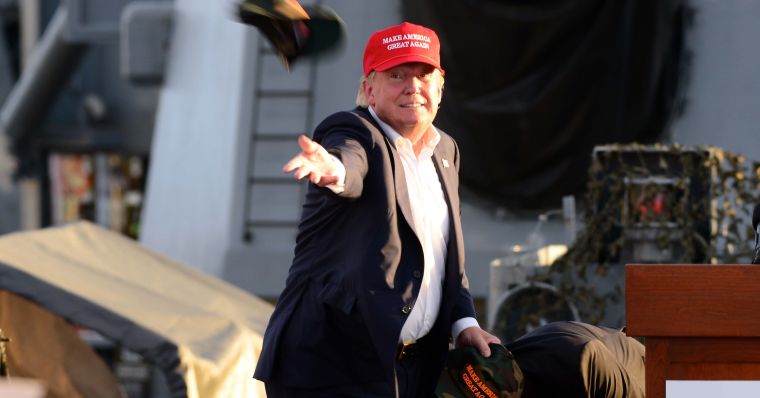 This is GOP presidential hopeful Donald Trump giving back to the common folk during his Make America Great Again Presidential campaign at the USS Iowa in San Pedro, CA on behalf of Veterans For a Strong America.