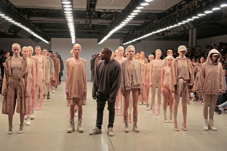 Kanye West comes out for the grand finale of the Yeezy Season 2 show.