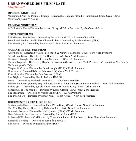 Urban World Film Festival - 2015 Film Slate