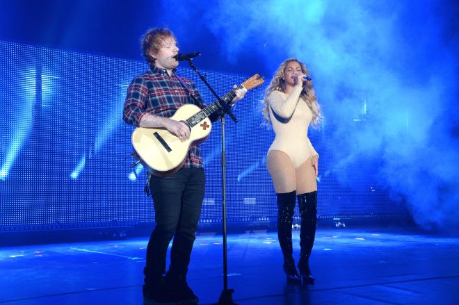 Ed Sheeran and Beyonce perform onstage during 2015 Global Citizen Festival to end extreme poverty by 2030 in Central Park on September 26, 2015 in New York City.