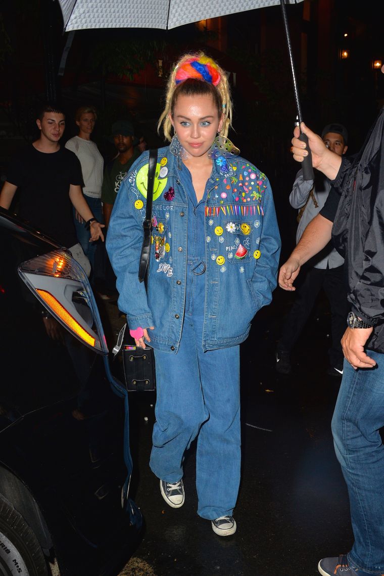 From weed to mushrooms, Miley Cyrus wore an interesting outfit while leaving a restaurant in NYC.