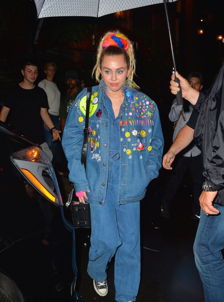 From weed to mushrooms, Miley Cyrus wore an interesting outfit while leaving a restaurant in NYC.