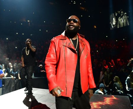A svelte Rick Ross takes in the crowd noise as he joins Meek on stage.