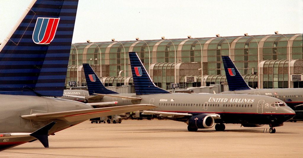 July 2004: O'Hare International Airport in Chicago: United Airlines is facing economic problems in m