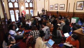WASHINGTON, DC - NOVEMBER 13: Around 30 students sit in in fron