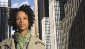 African American woman in urban scene