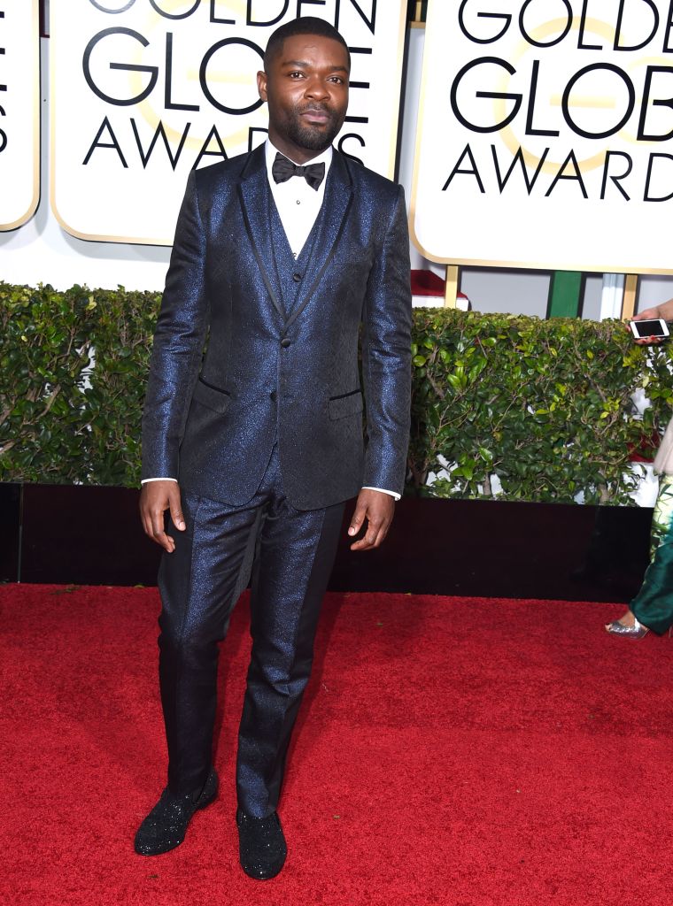 Metallic blue, down to the shoes.