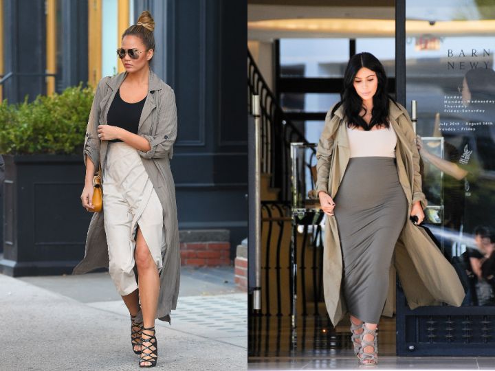 A midi-skirt paired with lace-up heels and a coat? Classic Kim.