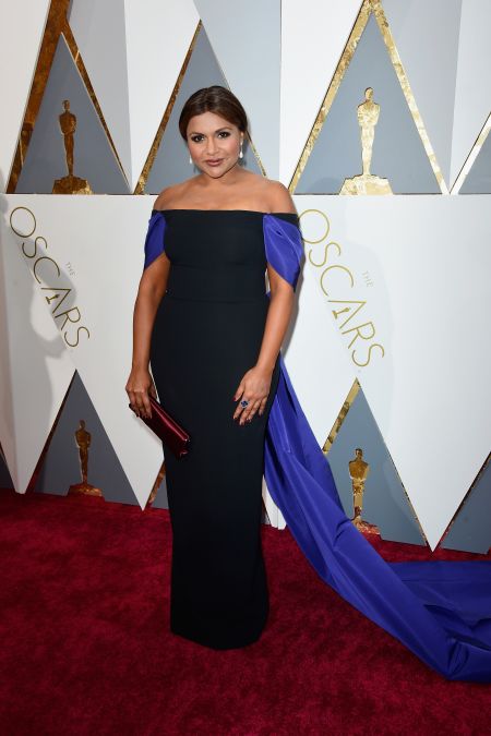 Mindy Kalingin an elegant look by Elizabeth Kennedy.