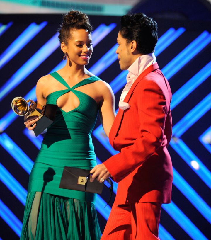 Prince joins the stage with Alicia Keys at the 50th Annual GRAMMY Awards