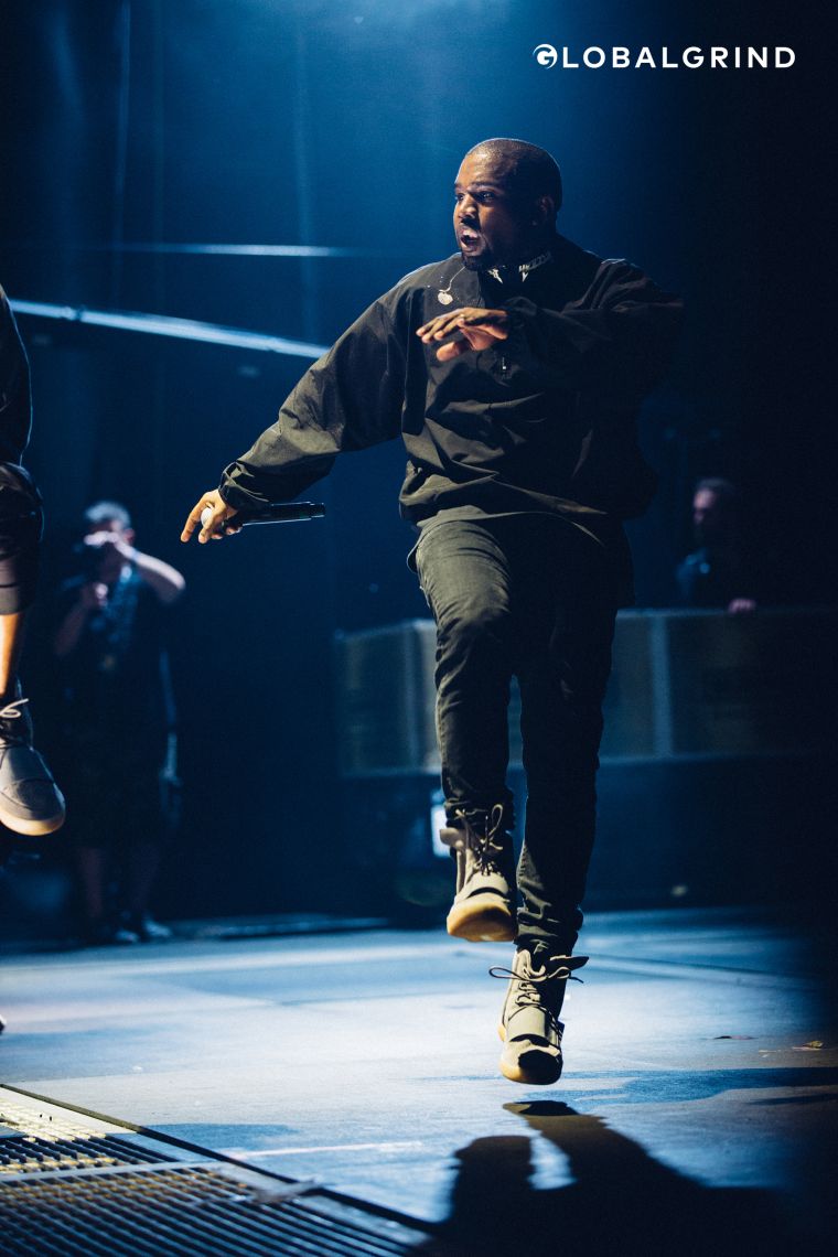 Kanye West hops while performing at the 2016 Hot 97 Summer Jam at Met Life Stadium.