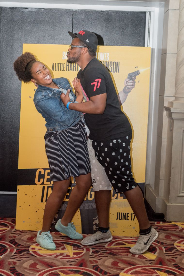 DeWayne Evans from Whiskey Frenz and Belise Thomas mingle at the #XillaMovieParty for Central Intelligence in New York City