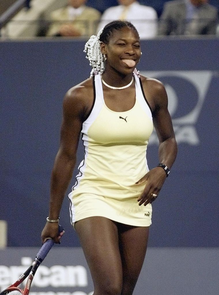 Serena sports one of her classic Puma tennis dresses at the 1999 US Open