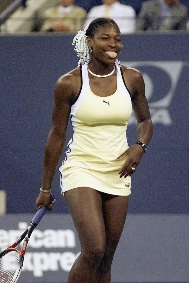 Serena sports one of her classic Puma tennis dresses at the 1999 US Open.