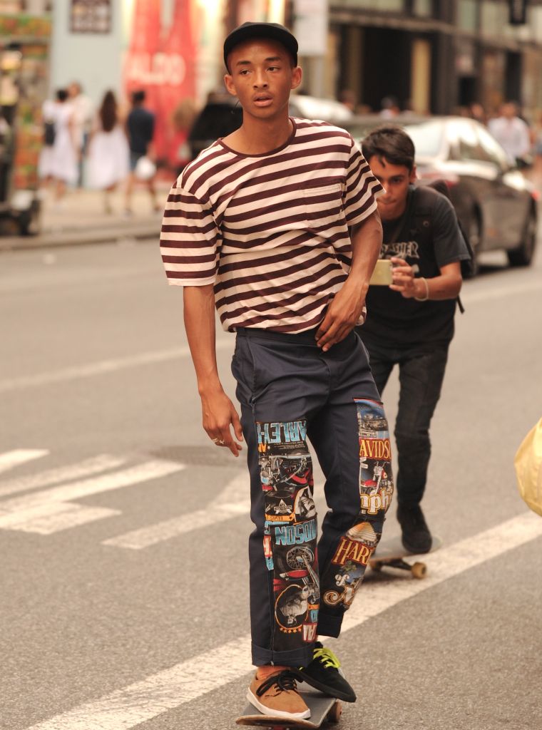 Jaden Smith grinding on a skateboard.