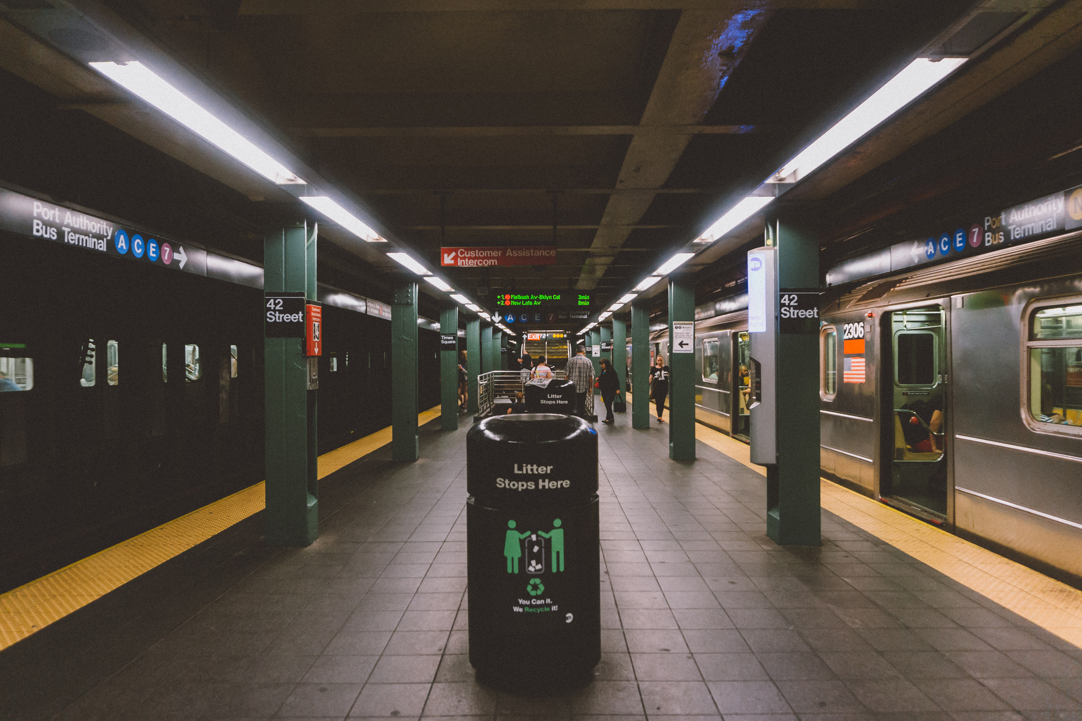 Garbage Can At Illuminated Subway Station