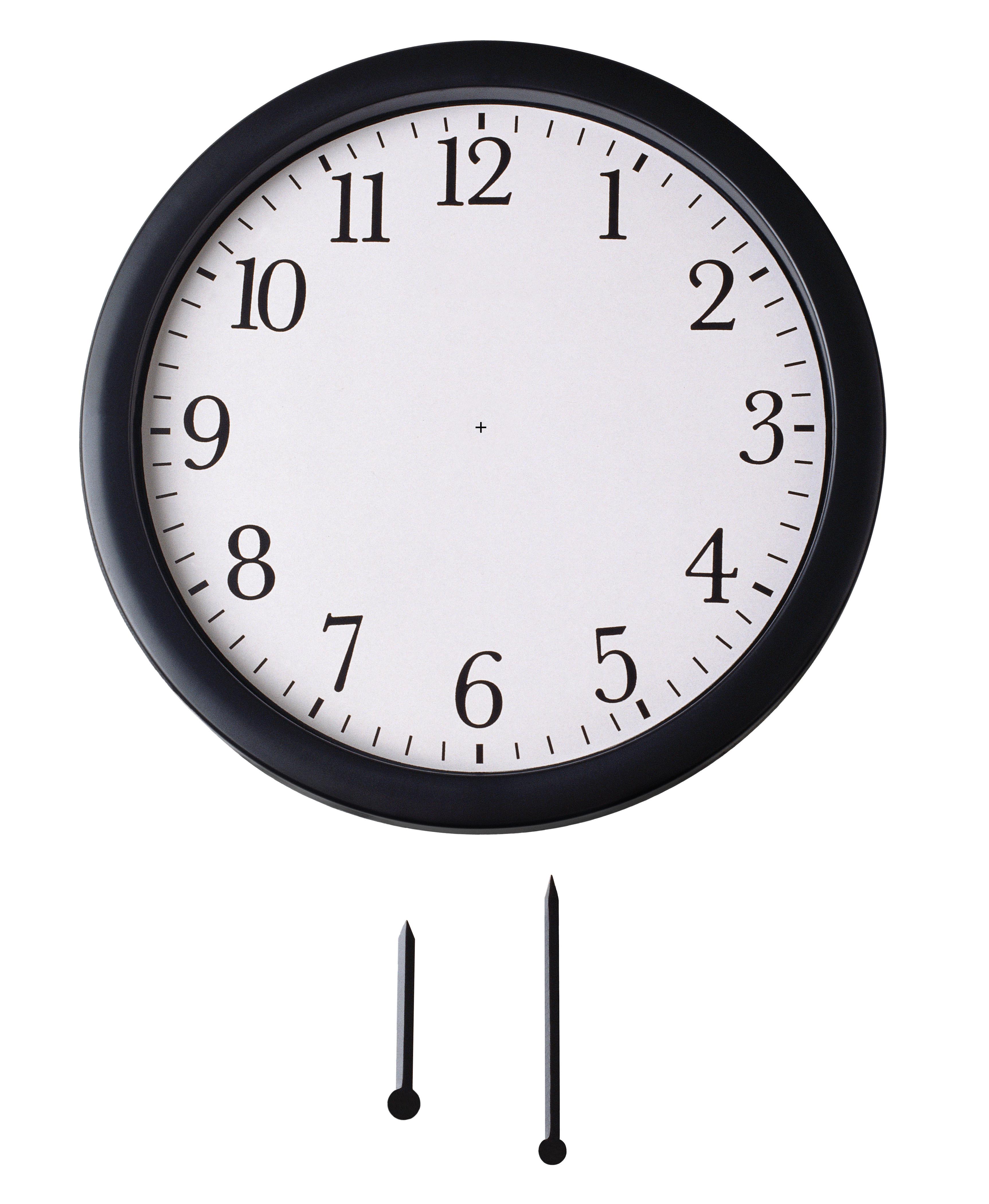Front view of wall clock with hour hand and minute hand underneath