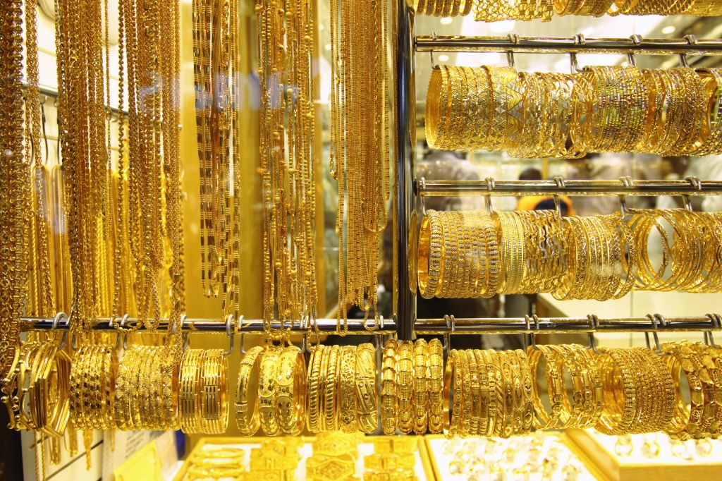 Gold jewelry on display in shop