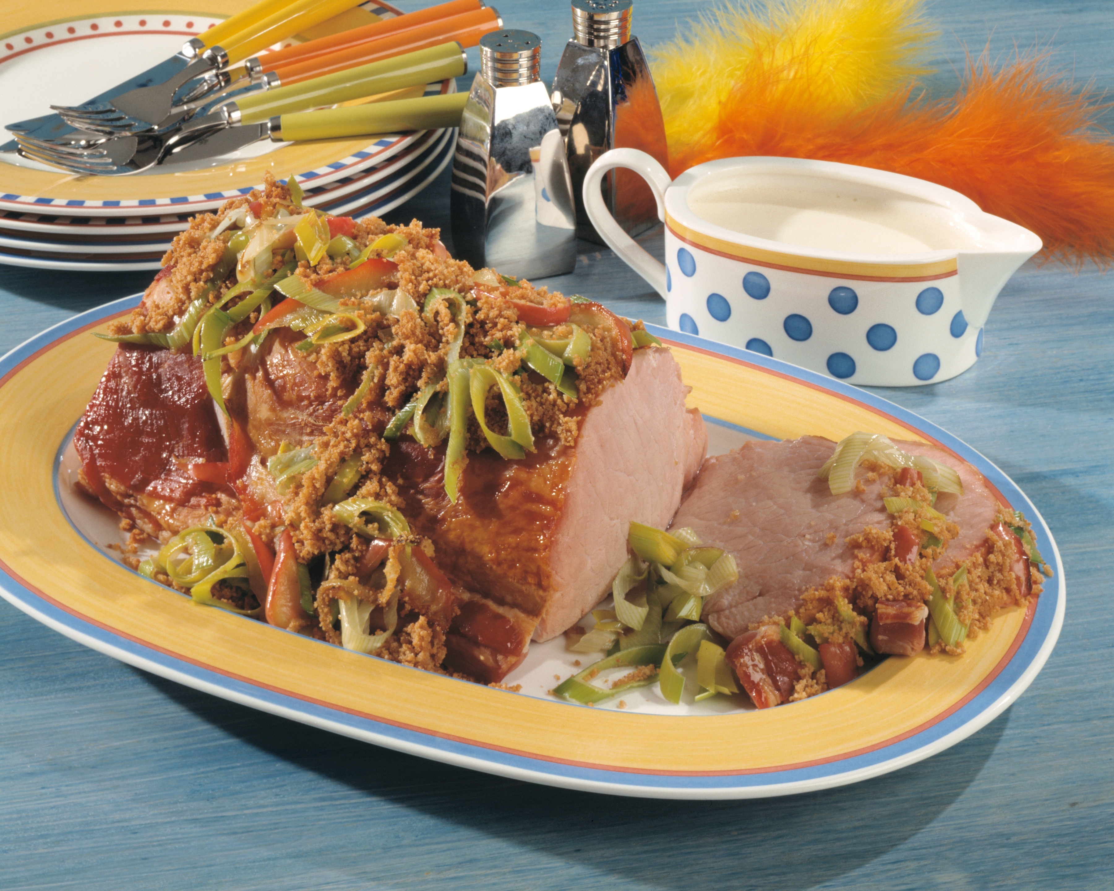 Smoked pork chop with crust of leek, apple, marjoram and breadcrumbs