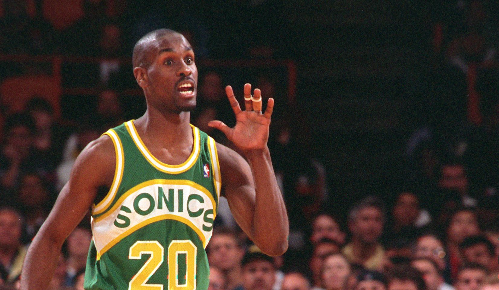 Seattle Sonic's Gary Payton questions a call during game against Lakers last season.