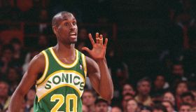 Seattle Sonic's Gary Payton questions a call during game against Lakers last season.