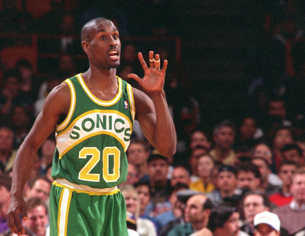 Seattle Sonic's Gary Payton questions a call during game against Lakers last season.