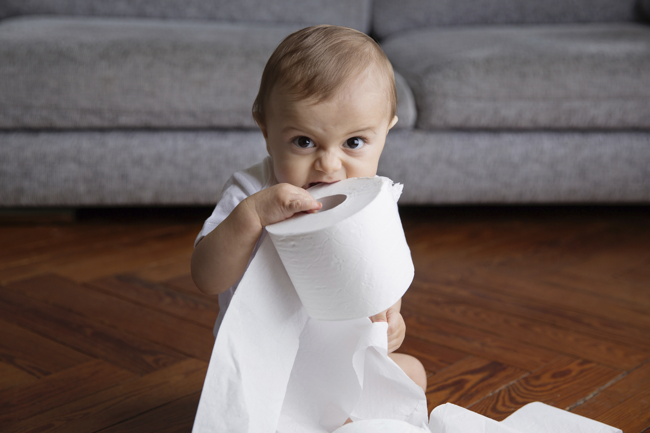 Baby boy with blond hair sitting on hardwood floor, playing with toilet paper rolls.