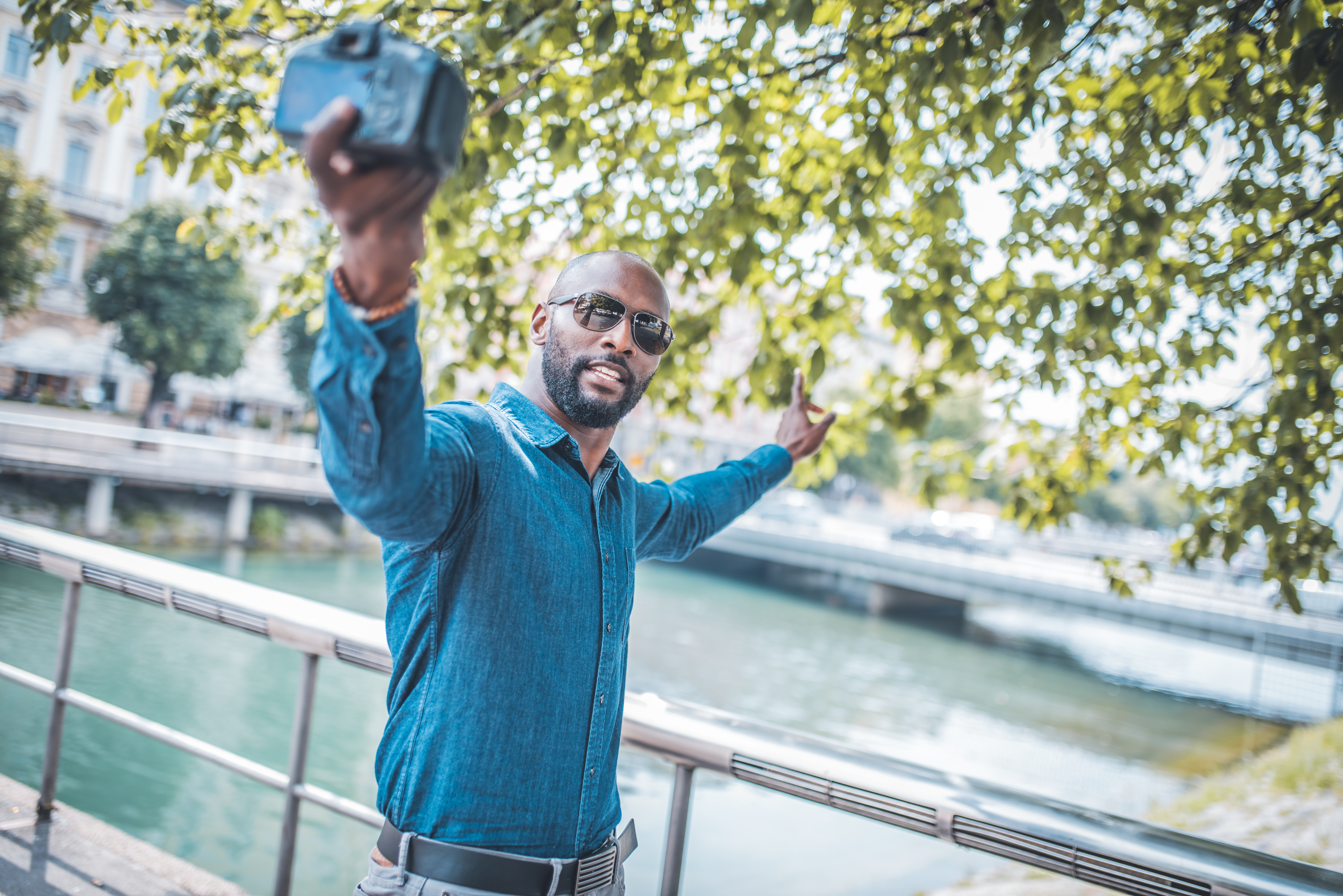Businessman filming a vlog