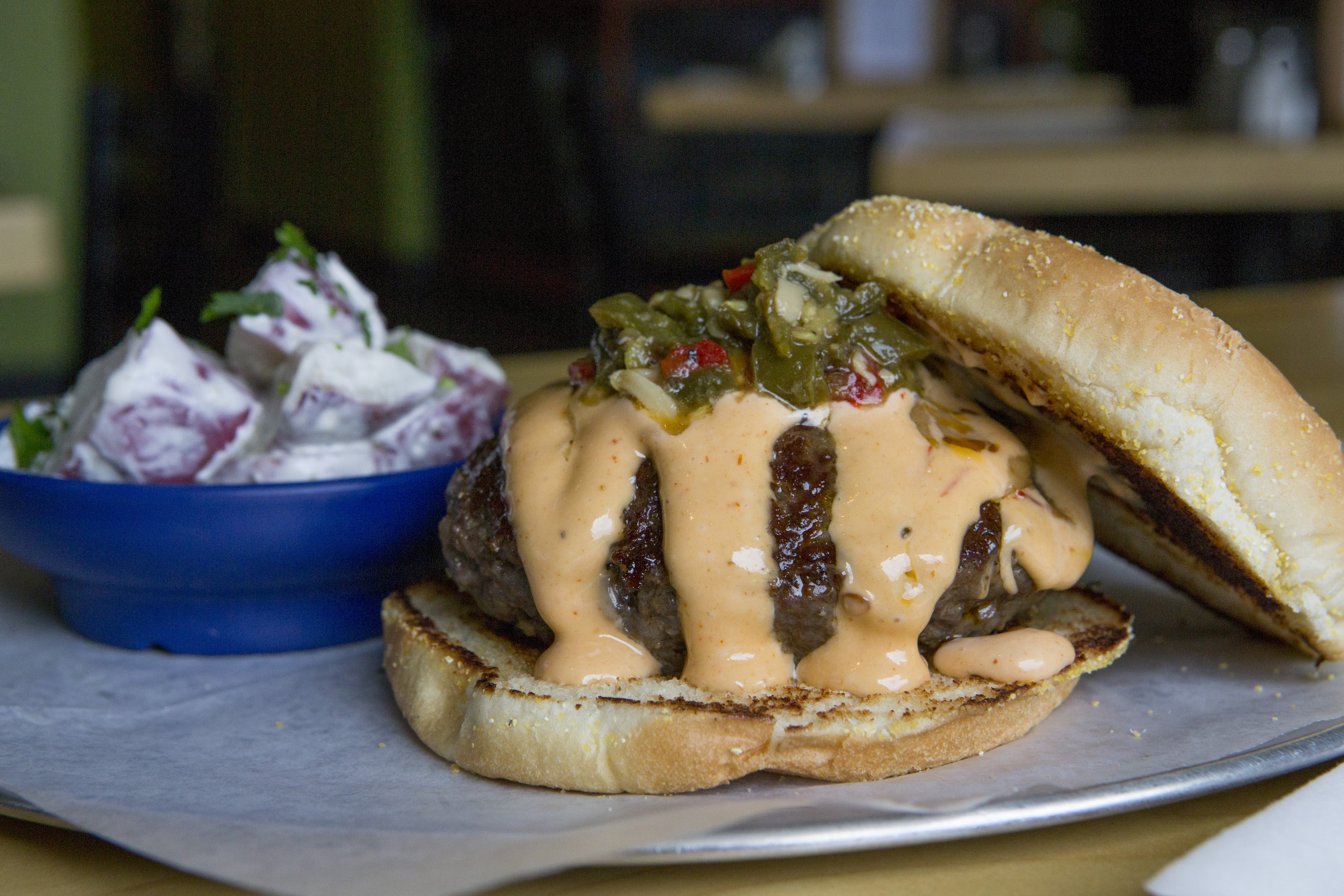 Hamburger with Spicy Melted Cheese and Potato Salad