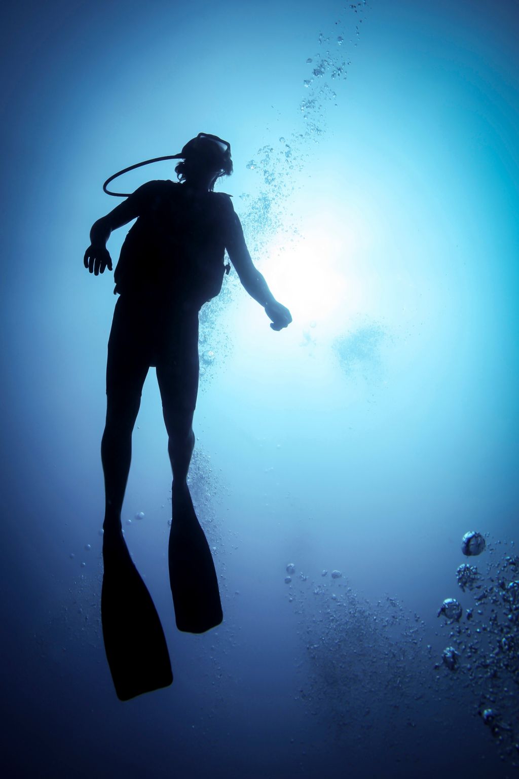 Silhouetted male scuba diver in ocean, Bali, Indonesia