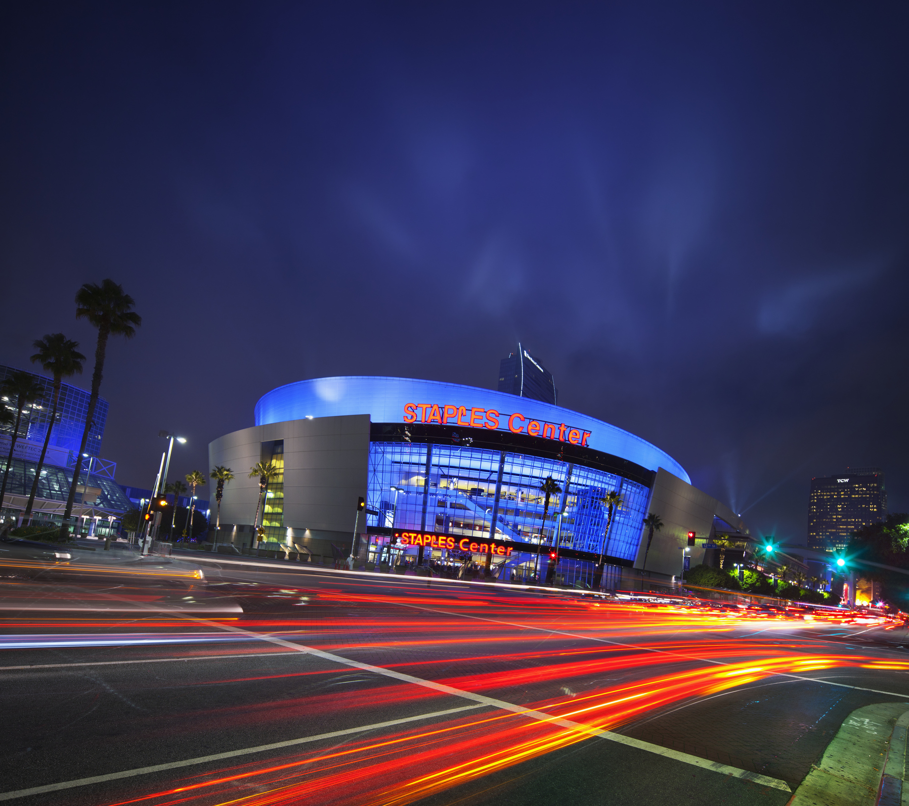 The Staples Center at night.
