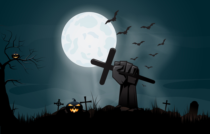 Halloween night background with hand holding cross. Vector